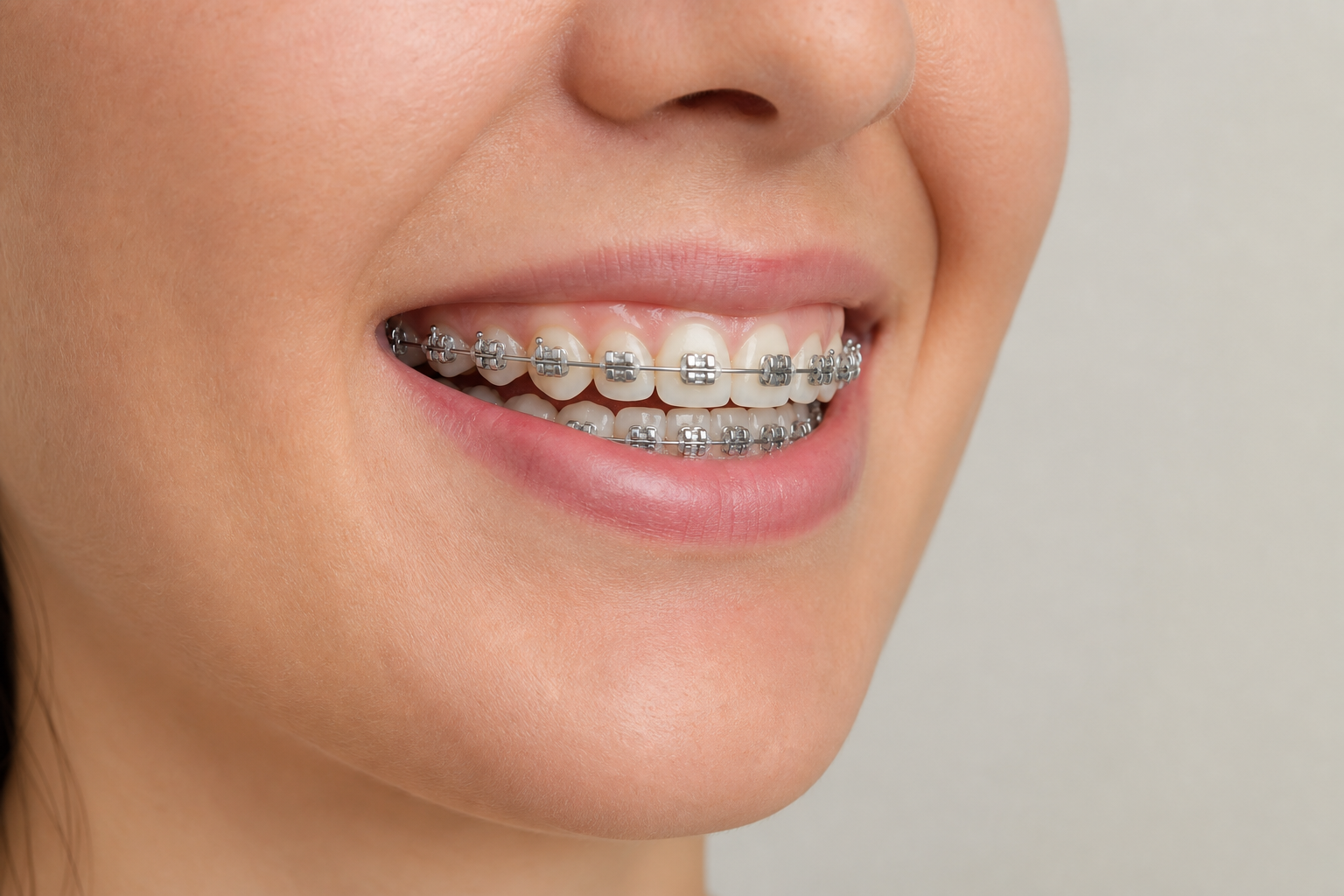 Aparat dentar metalic convențional cu bracket-uri și arc vizibile