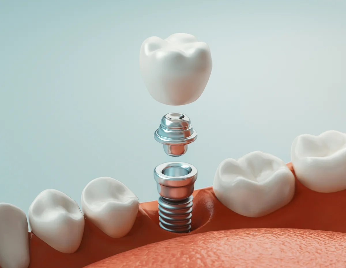 Implant dentar: componente Denteca Smile Clinic Componente implant dentar: bont, șurub, coroană - Clinica Denteca București