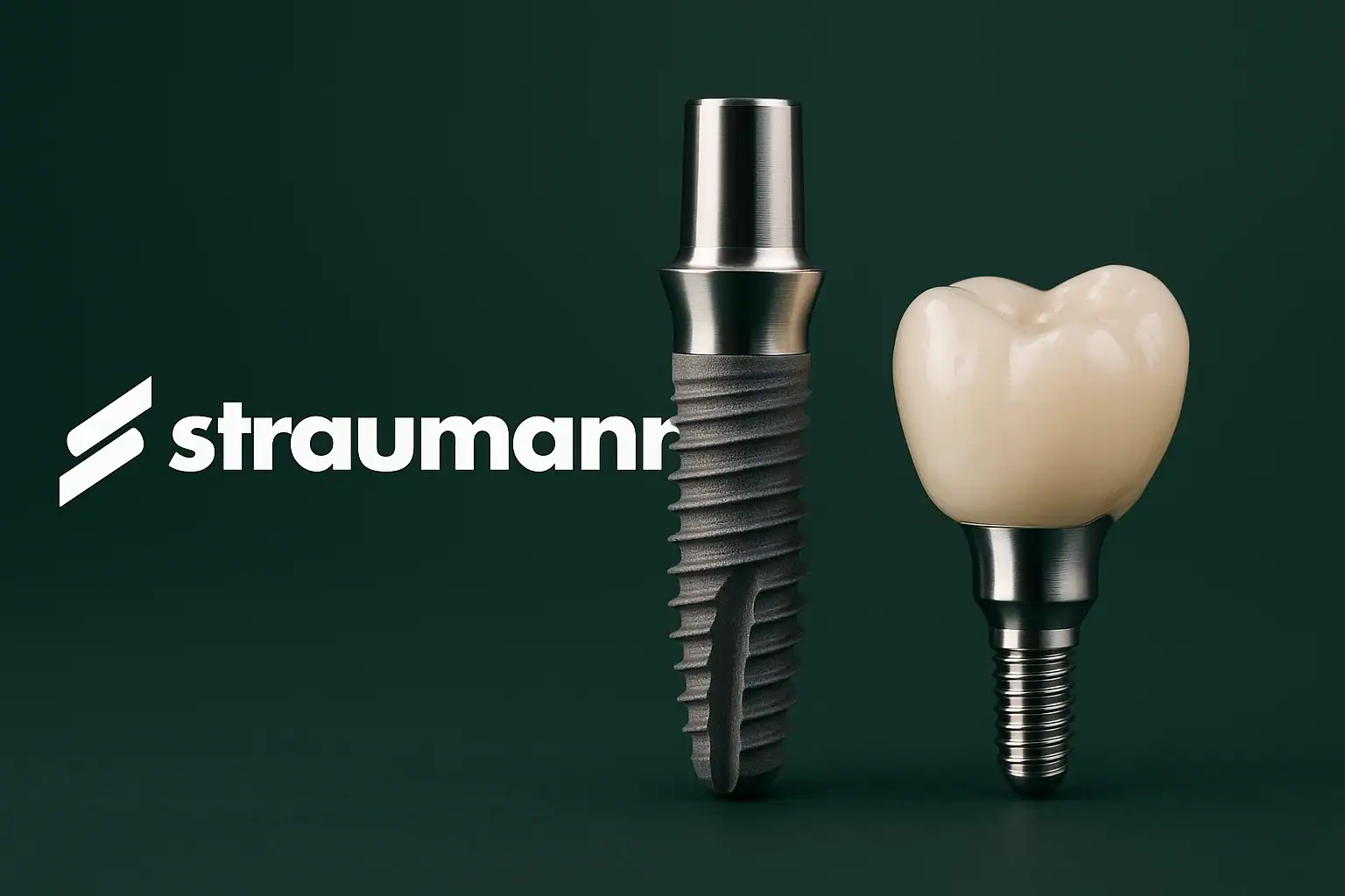 Implant dentar Straumann BLX - Denteca Smile Clinic Implant dentar Straumann cu coroană, logo Straumann - Denteca Smile Clinic București